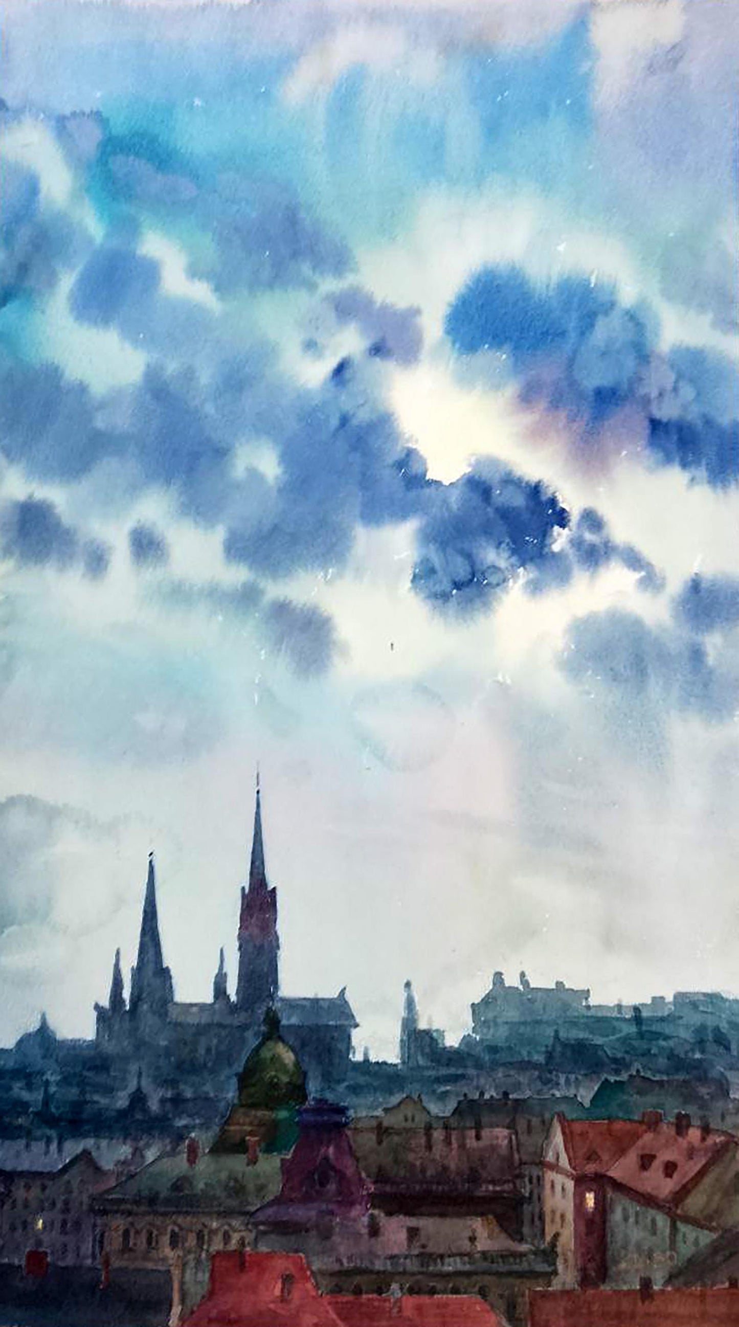 Watercolor city street views by Vitaly Duhnevich under cloudy sky