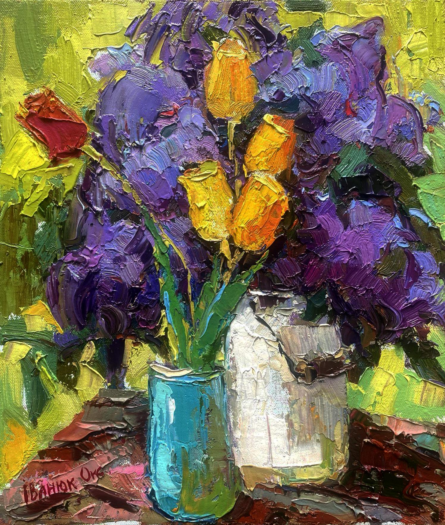 Oil painting of vibrant purple yellow tulips in turquoise vase by Oksana Ivanyuk