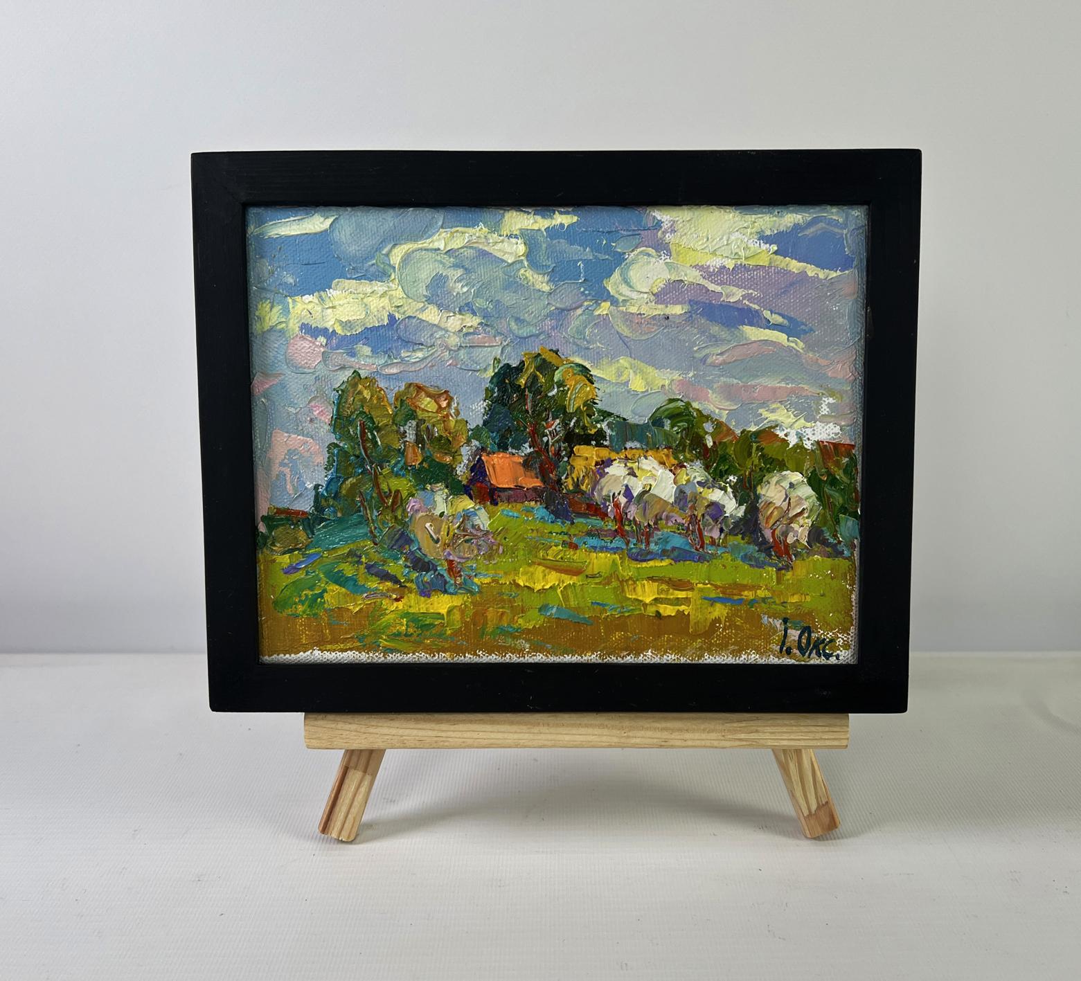 Oil painting by Oksana Ivanyuk: Clouds drifting in vibrant green fields, framed