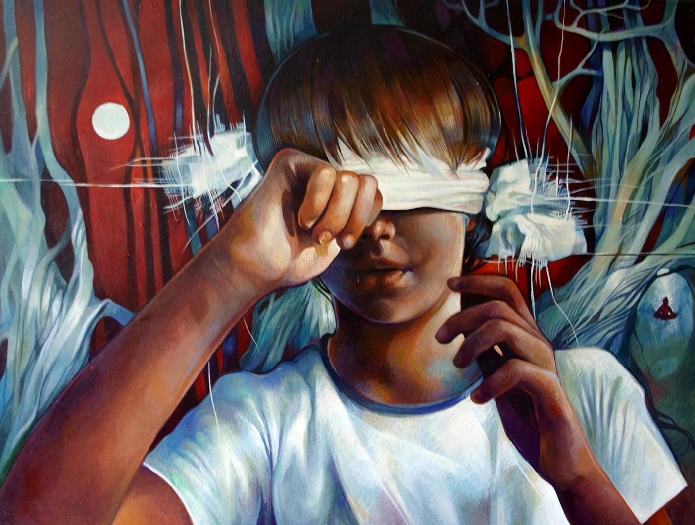 Blindfolded child in white t-shirt in Silver Buddha Konsta G. Amelinn oil painting