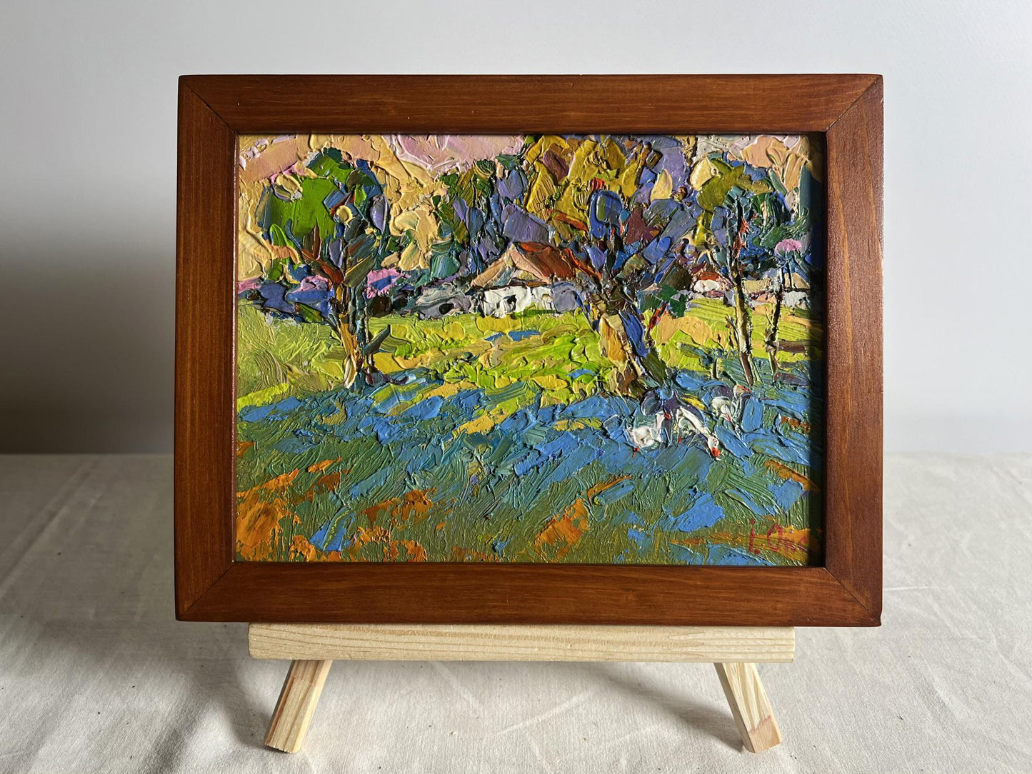 Oil painting Geese behind the trees by Oksana Ivanyuk in wooden frame