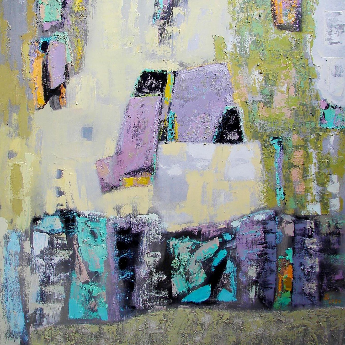 Oil painting Weaving by Tatyana Shulyak with muted purple teal ochre brushstrokes