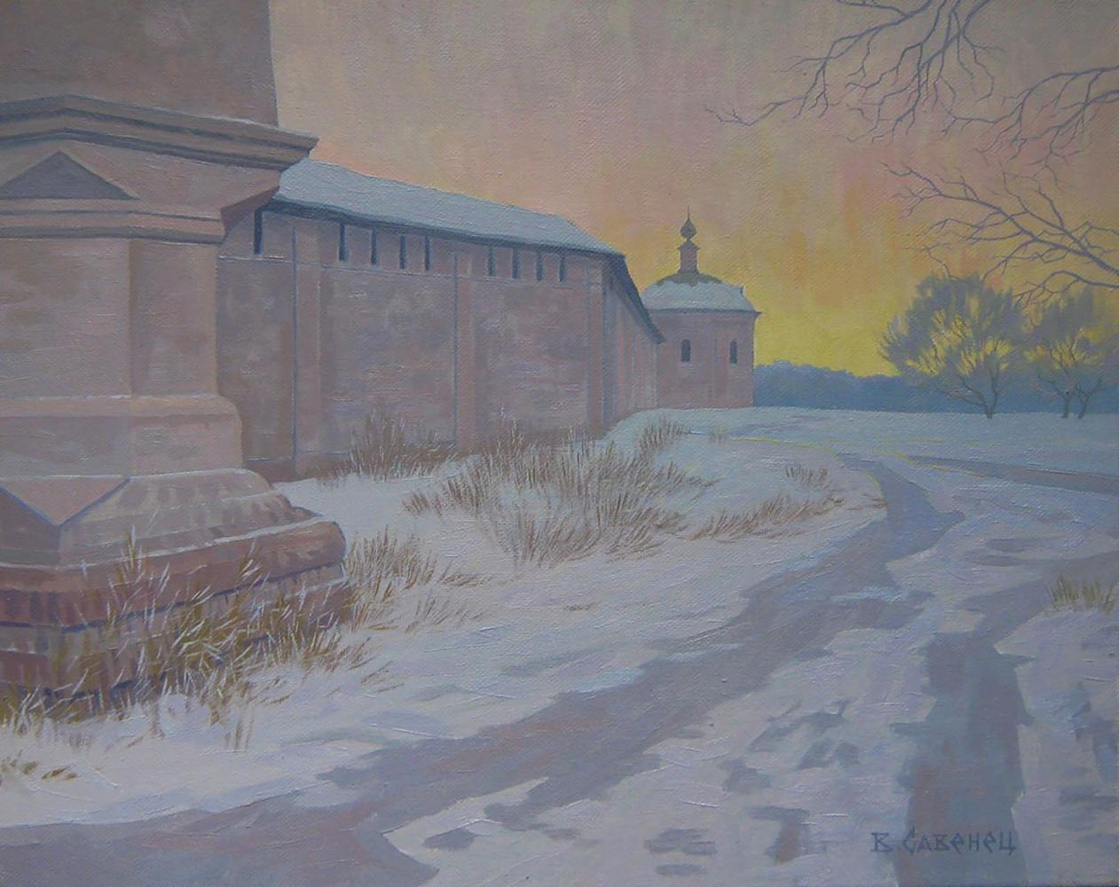 Serene winter evening oil painting by Valery Savenets, snow path to fortifications