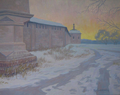 Serene winter evening oil painting by Valery Savenets, snow path to fortifications
