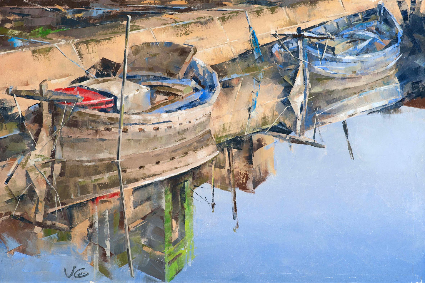 Oil painting Pier by Volodymyr Gluhomanyuk: weathered wooden boat with blue red accents