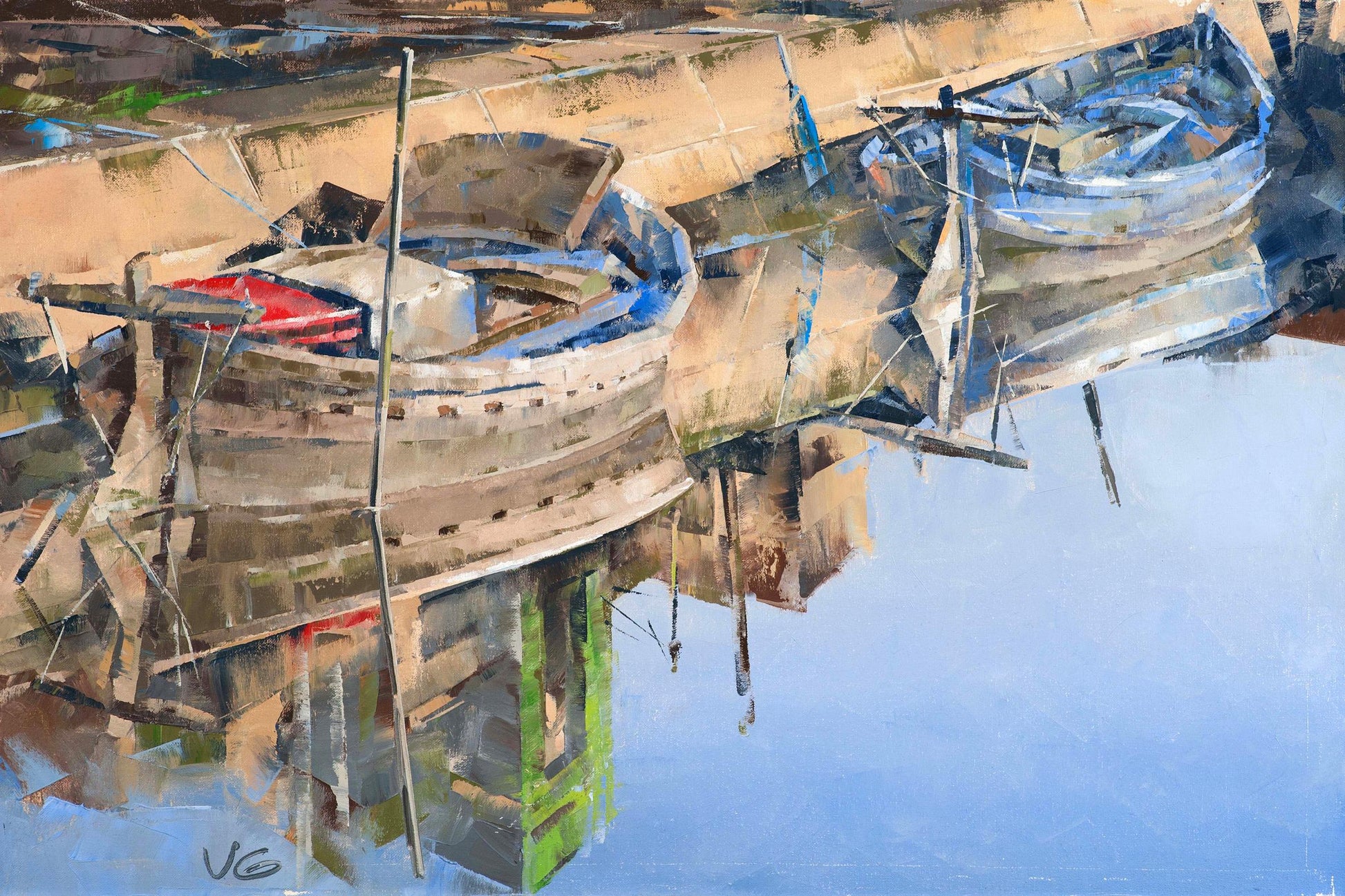 Oil painting Pier by Volodymyr Gluhomanyuk: weathered wooden boat with blue red accents