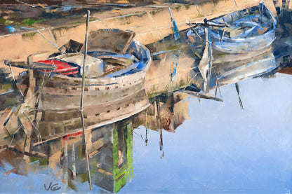 Oil painting Pier by Volodymyr Gluhomanyuk: weathered wooden boat with blue red accents