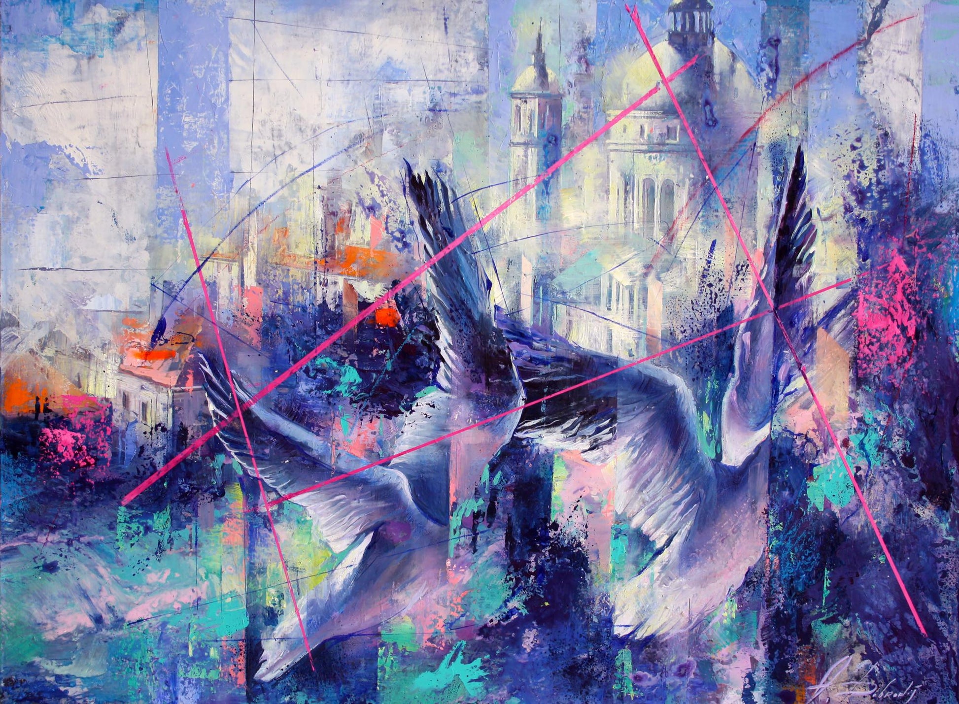 Oil painting Blue wind by Alexander Dobrodiy: stylized birds over cityscape