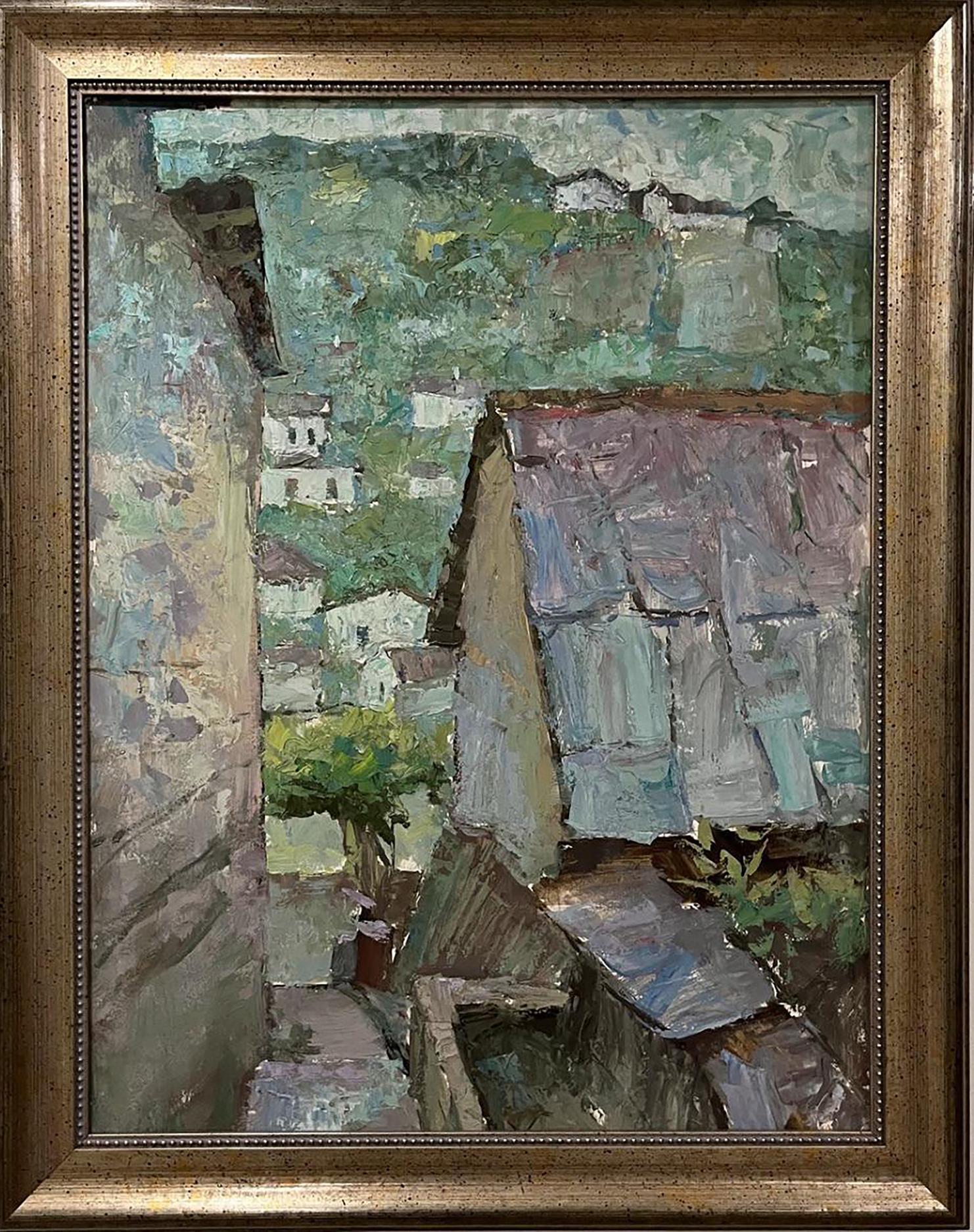 Framed oil painting Roofs of houses by Oleksandr Andreev, rustic village scene