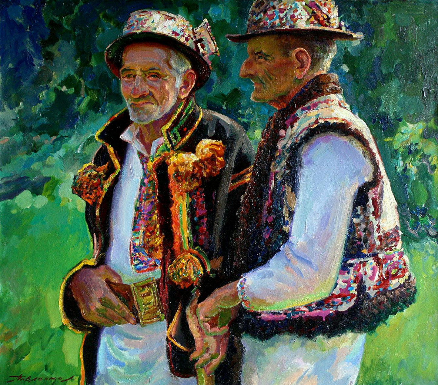 Vibrant oil painting of two Hutsuls by Leonid Pavlenko