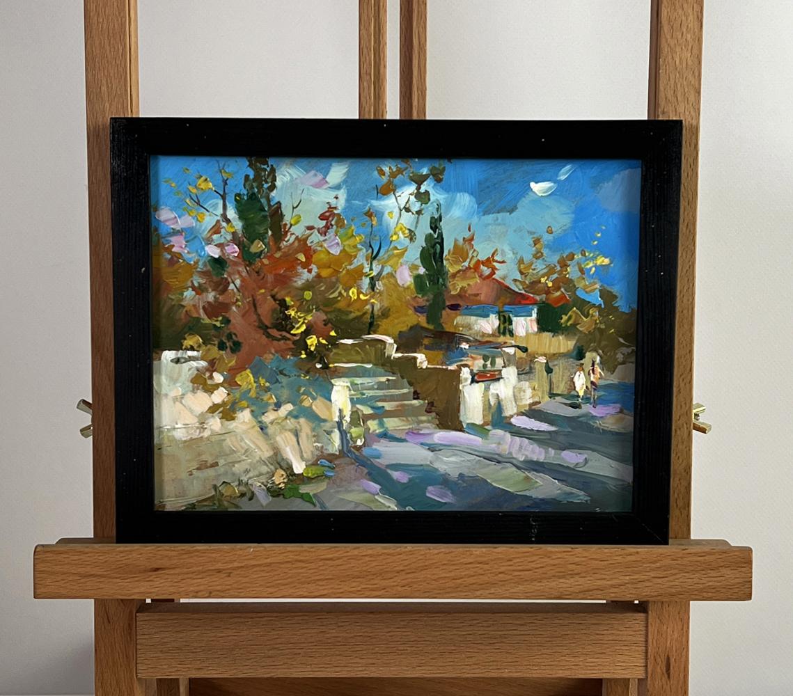 Oil painting A walk along a village street by Yuriy Suprunchuk in black frame