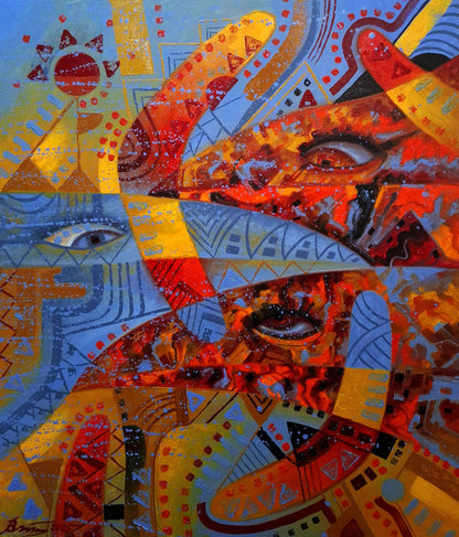 Vibrant oil painting Boomerang watchers by Sergiy Voichenko with bold geometric eyes