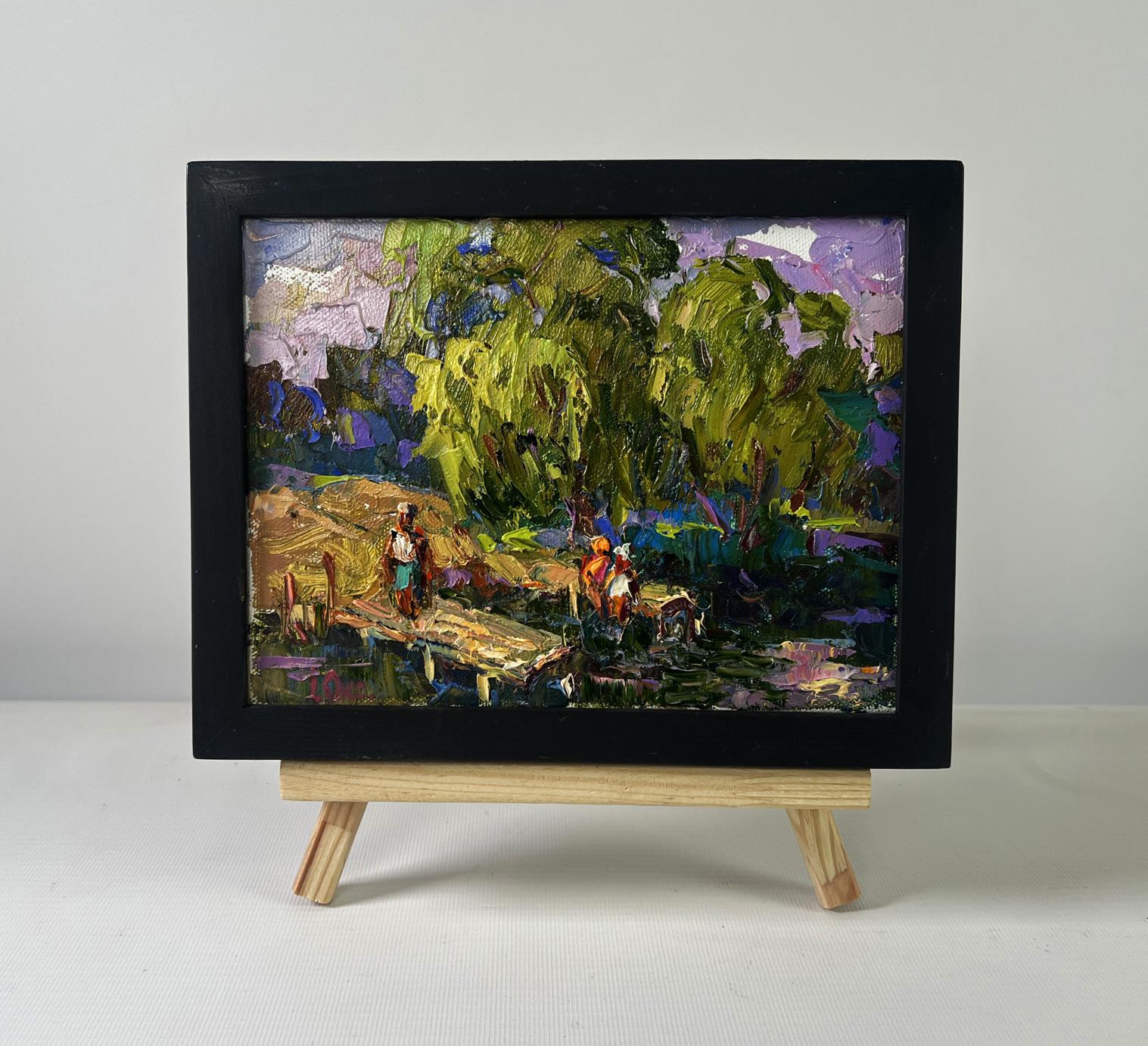 Oil painting Vacations in the village sun by Oleksiy Ivanyuk in black frame