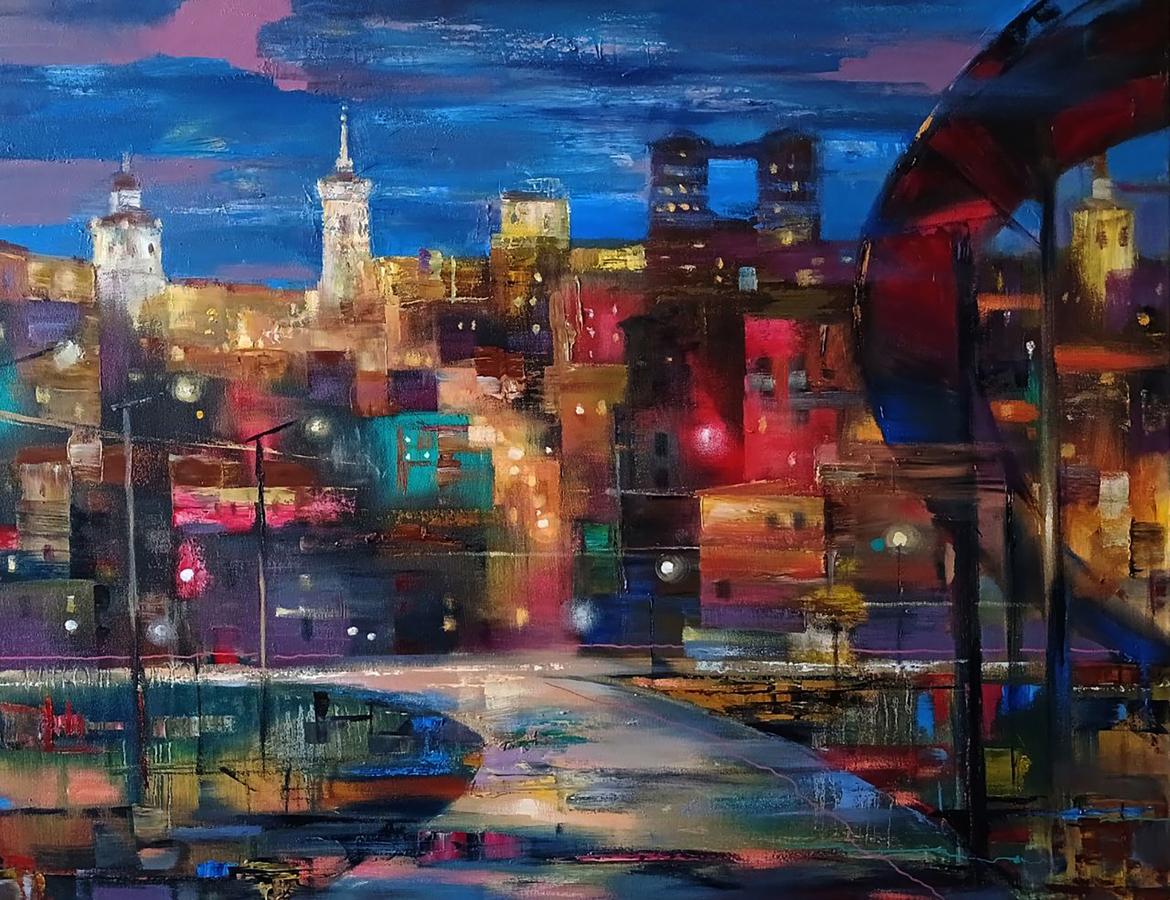 Abstract oil painting Night City Anatoly Tarabanov