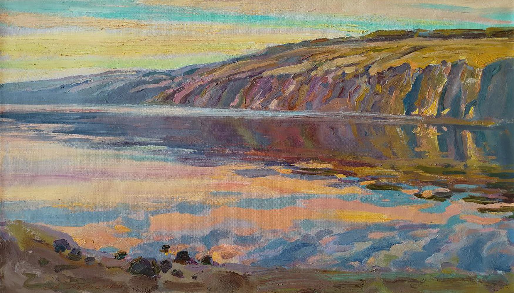 Oil painting Quiet Morning by Leonid Pavlenko: vibrant cliffside sunset