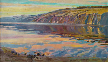 Oil painting Quiet Morning by Leonid Pavlenko: vibrant cliffside sunset