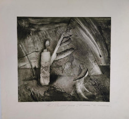 Monochromatic abstract etching painting print in grays and blacks by Canon unknown artist