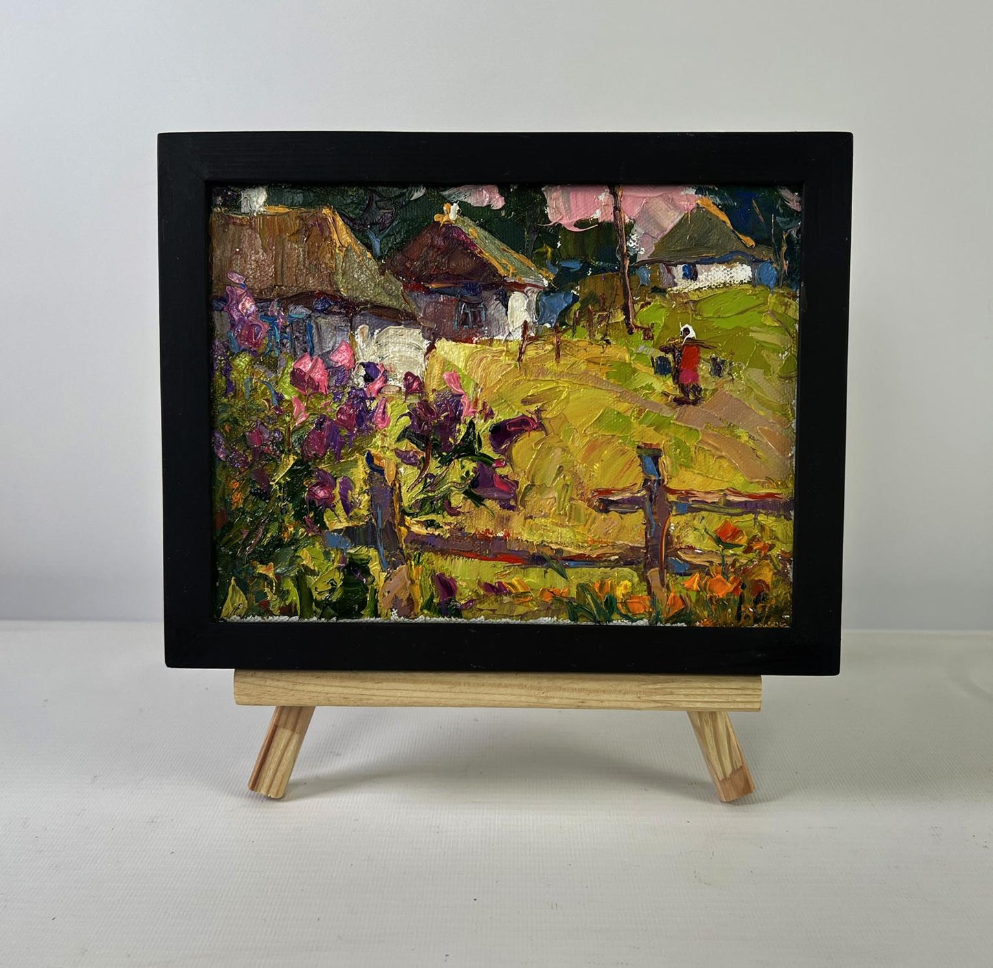 Vibrant impressionist oil painting The Tenderness of Dawn by Oksana Ivanyuk on easel