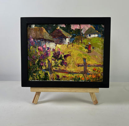 Vibrant impressionist oil painting The Tenderness of Dawn by Oksana Ivanyuk on easel