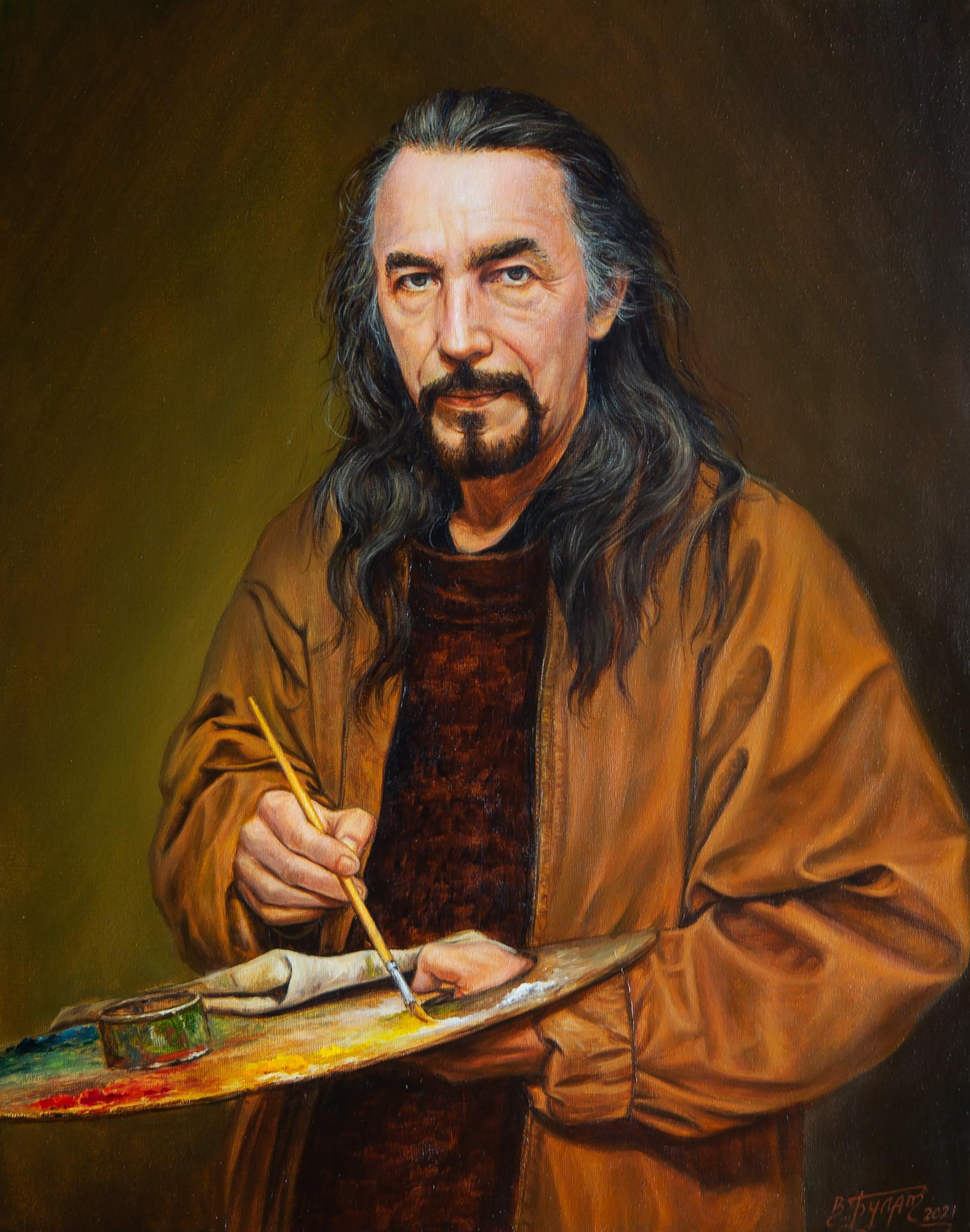 Oil painting of artist at work by Valeriy Bulat with paintbrush