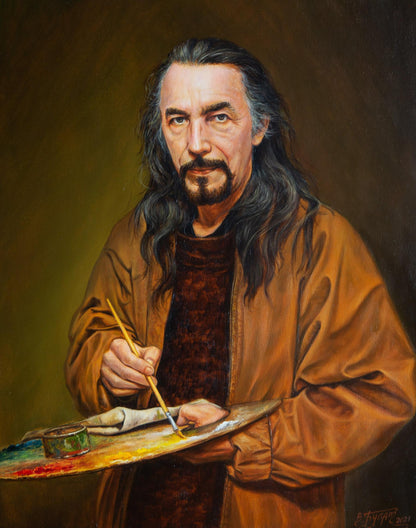 Oil painting of artist at work by Valeriy Bulat with paintbrush