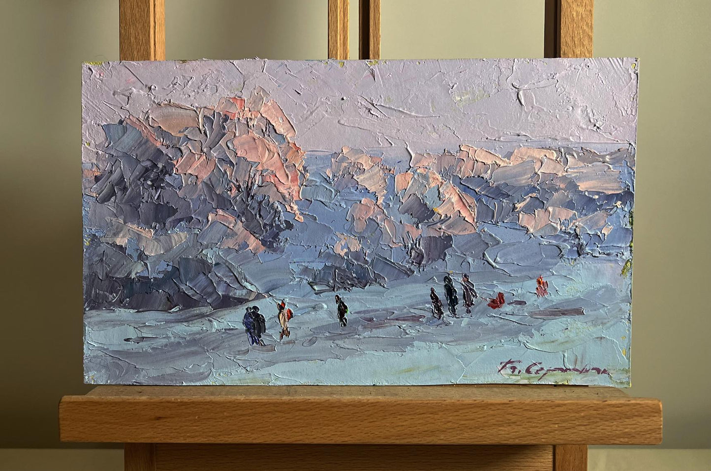 Oil painting Walking on a frosty day by Boris Serdyuk snowy landscape