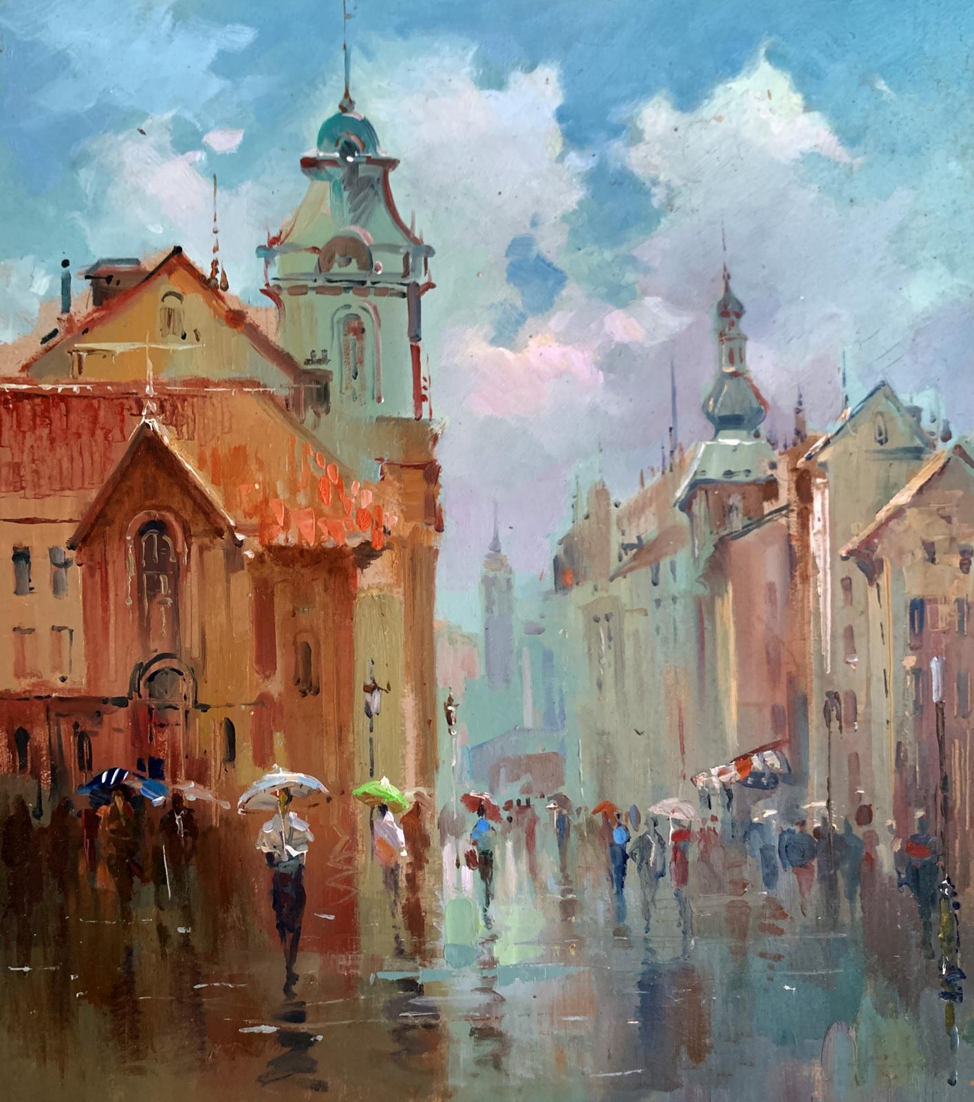 Vibrant impressionist oil painting of urban street by Yuriy Suprunchuk