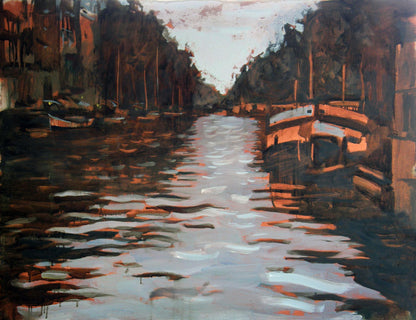 Oil painting of city river canal with boats by Ed Potapenkov
