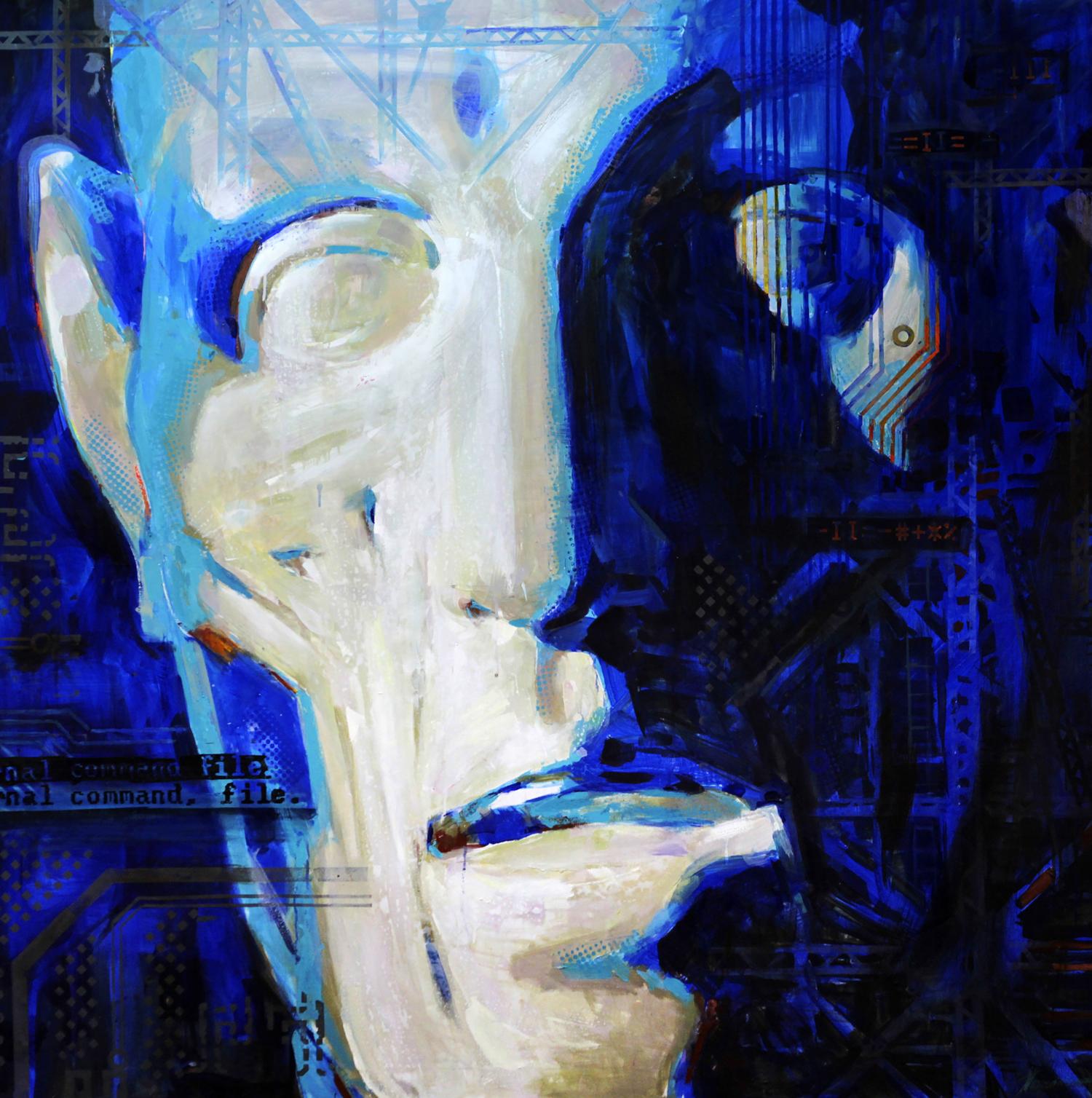 Oil painting Gudon Ed Potapenkov: stylized blue white abstract face with circuitry