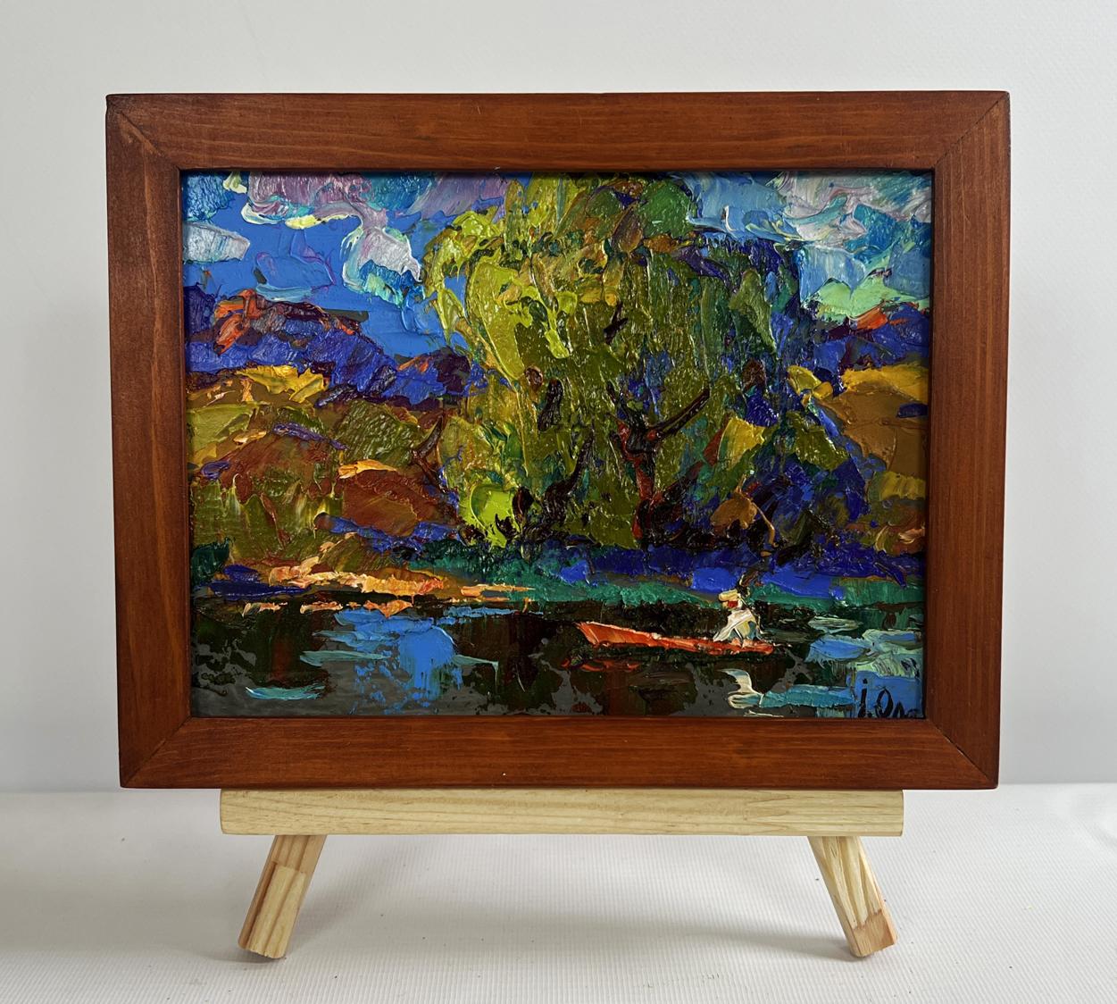 Oil painting The boat is sailing on the lake by Oleksiy Ivanyuk in wooden frame