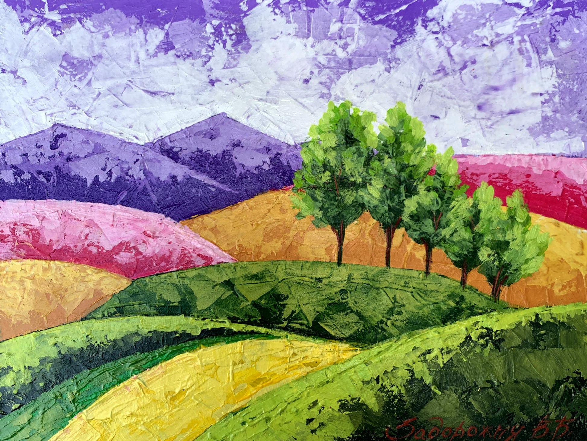 Vibrant oil painting by V. Zadorozhnya: rolling hills in green, yellow, pink under purple sky