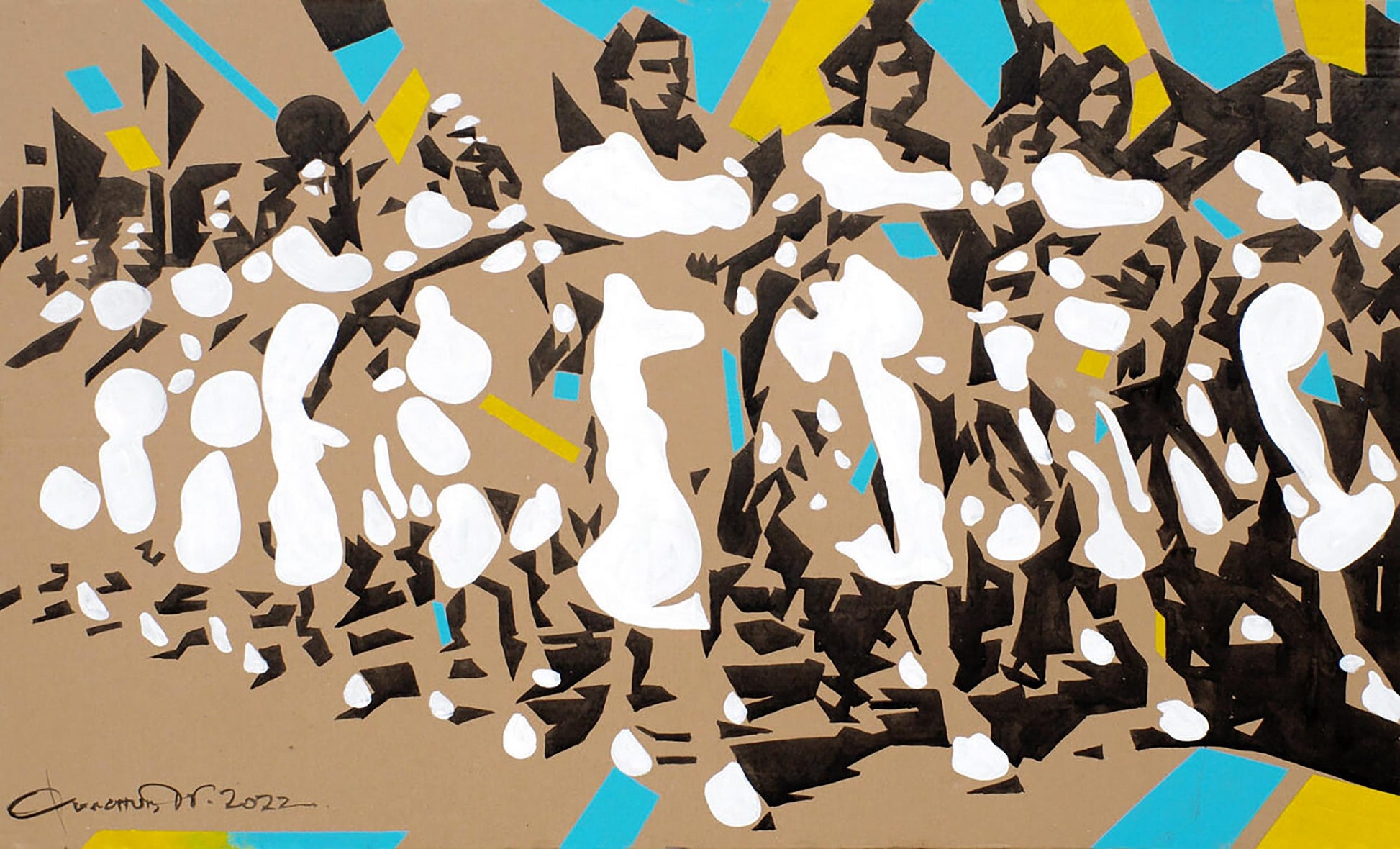 Victory by Dima Filatov acrylic painting with bold black white turquoise geometric shapes on tan background