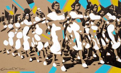 Victory by Dima Filatov acrylic painting with bold black white turquoise geometric shapes on tan background