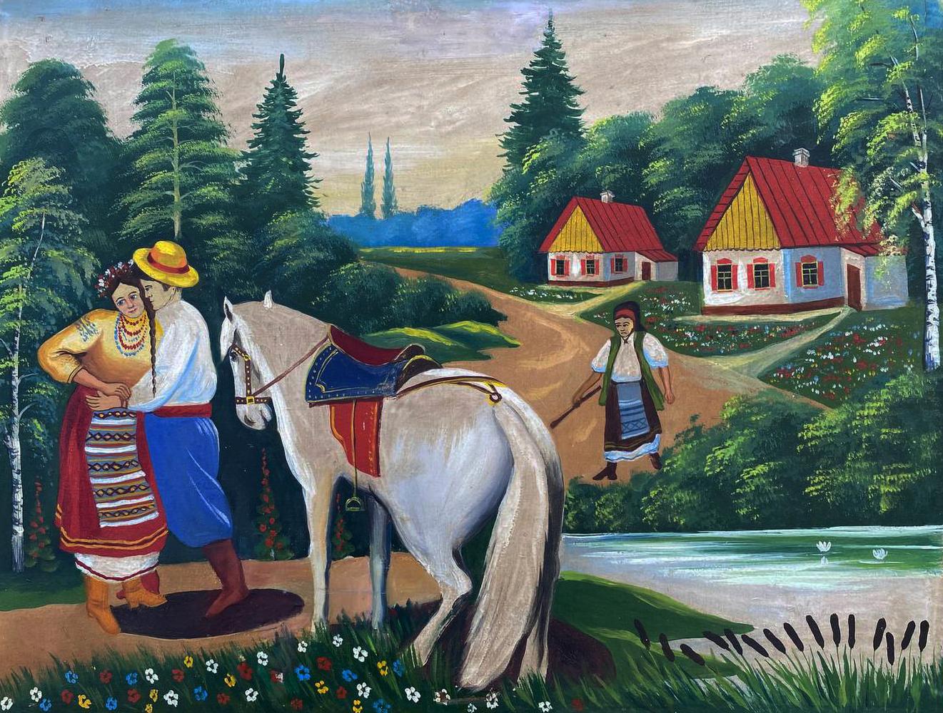Oil painting of young couple, white horse with blue red saddle in pastoral scene