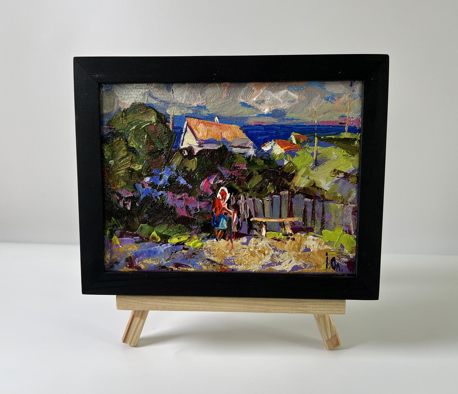 Oil painting Village Silence by Oleksiy Ivanyuk in black frame