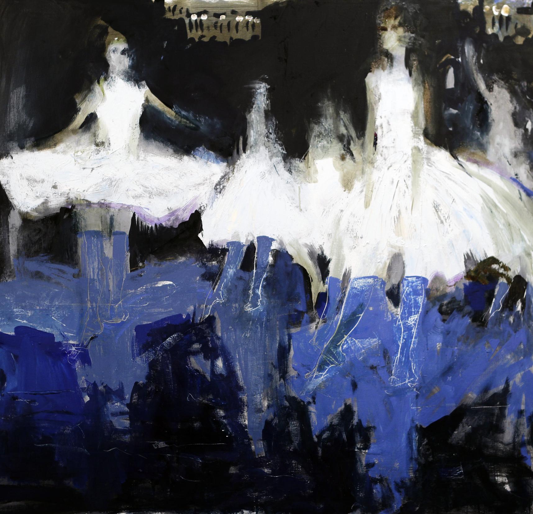 Oil painting Dance Ed Potapenkov: three white ballerinas in tutus on blue-black backdrop