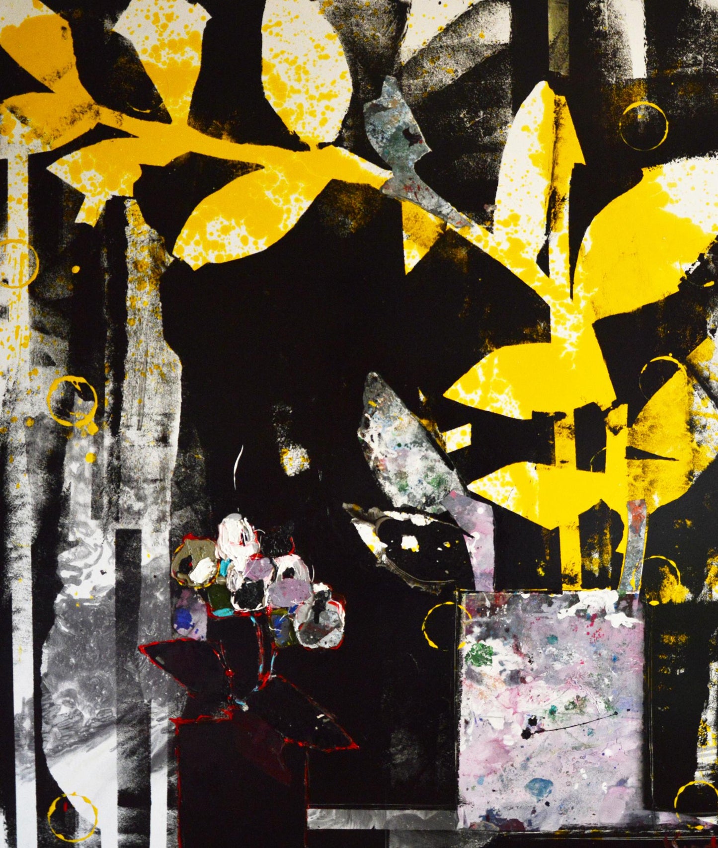 Oil painting of indoor plants by Natalia Korf-Ivaniuk, bold yellow leaves on dark textured background
