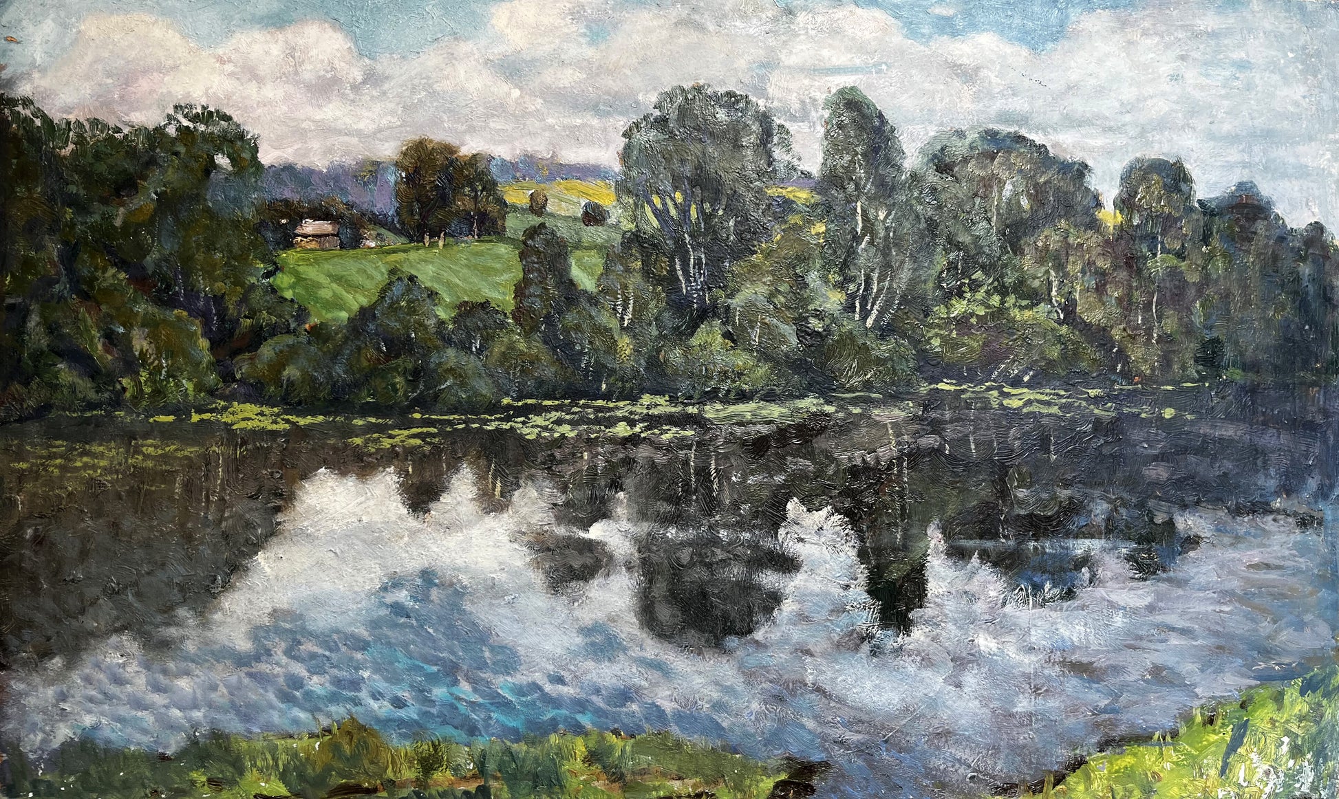 Serene impressionistic oil painting overlay of tranquil river on summer day