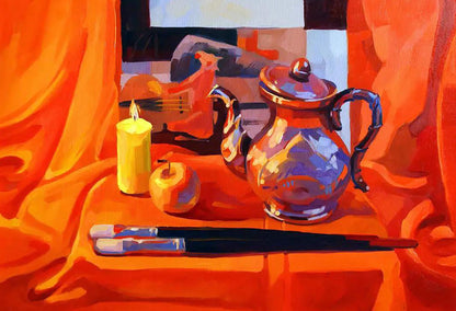 Oil painting Warm Anastasia Yaroshevich: reflective metallic teapot on orange cloth