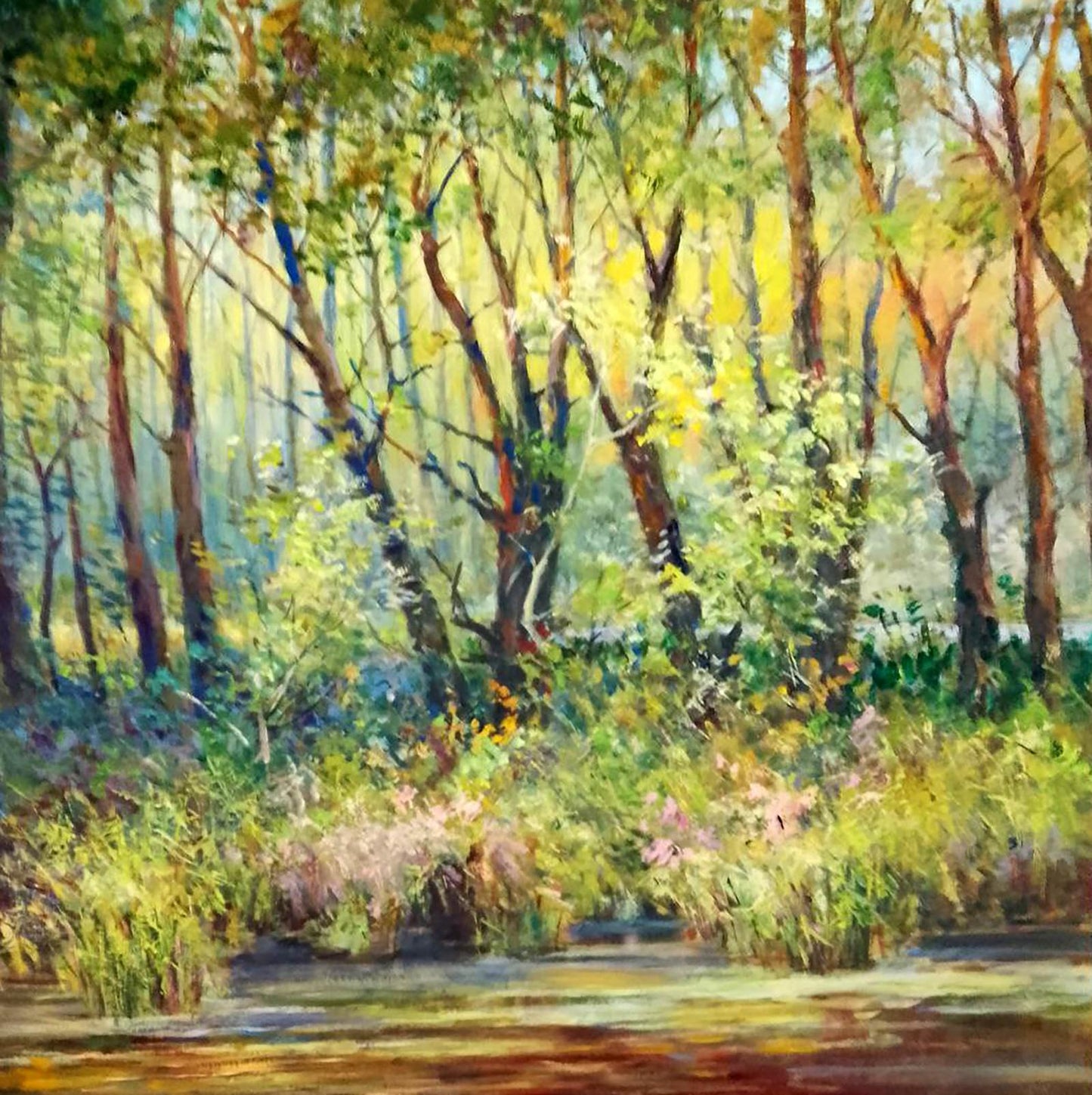 Vibrant impressionist oil painting of sunlit blooming forest by Vitaly Duhnevich