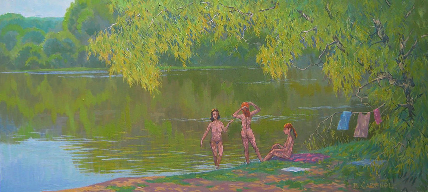 Oil painting Memories of Summer by Valery Savenets: three nude figures by green lake