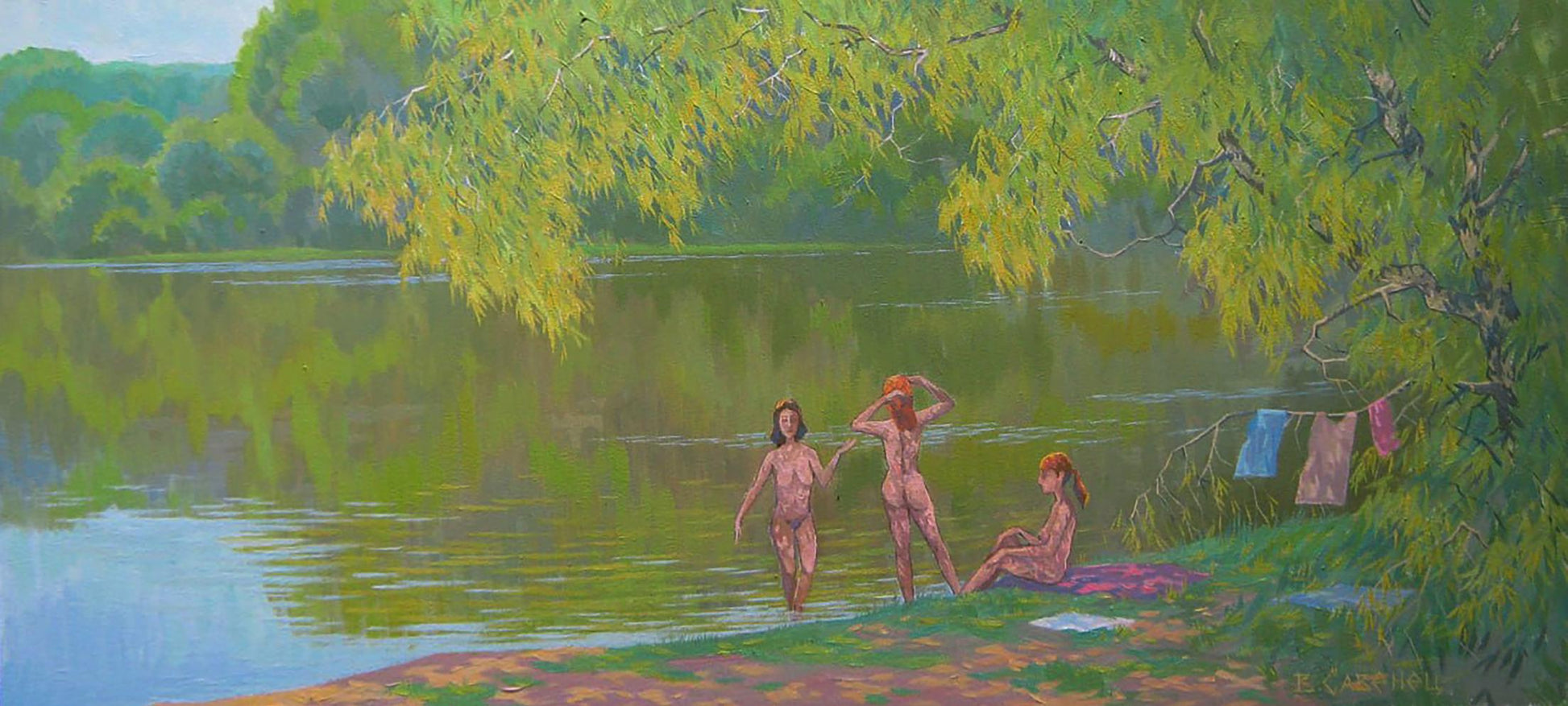 Oil painting Memories of Summer by Valery Savenets: three nude figures by green lake