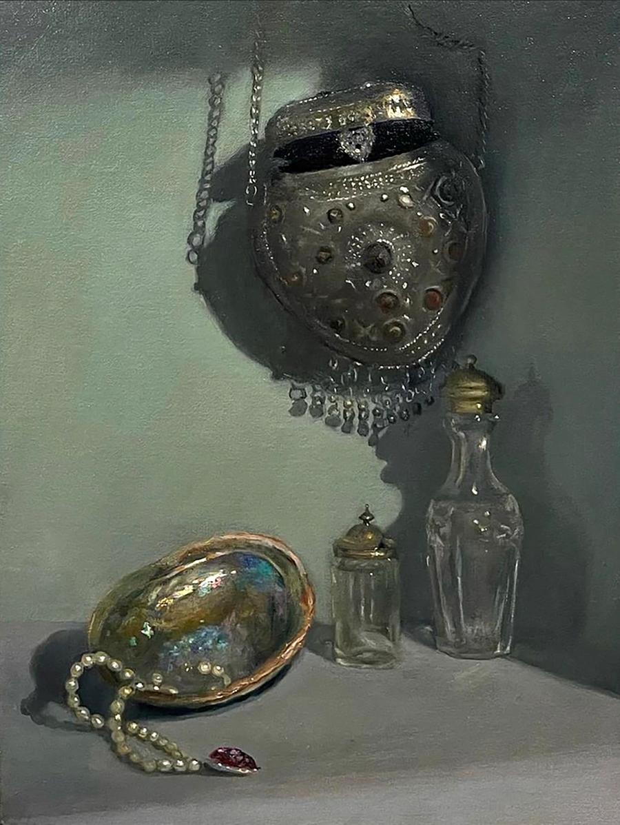 Silver ornate pouch with beads in Annam Butt pearl and glass still life painting