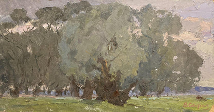 Textured oil painting of Old Willow by Viktor Sevastiyanov, dense green grove