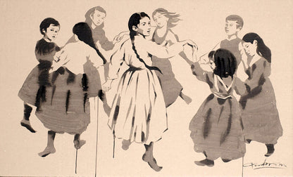 Black-and-white ink drawing by Dima Filatov of Ukrainian children dancing in circle