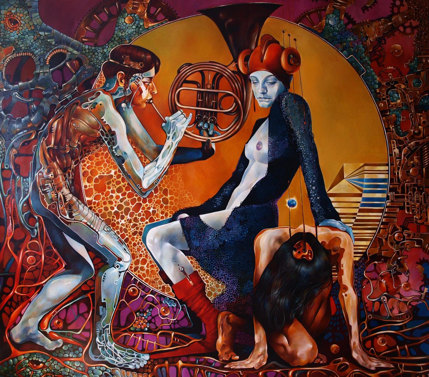 Oil painting Hiranyagarbha Konsta G. Amelinn surreal woman in gown and helmet