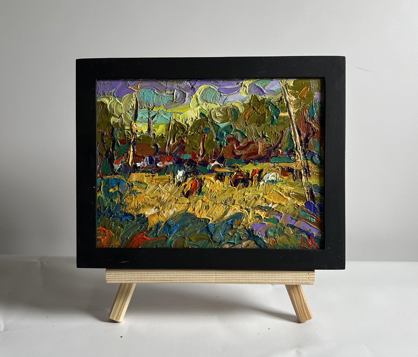 Oil painting For a walk in the field by Oleksiy Ivanyuk in black frame