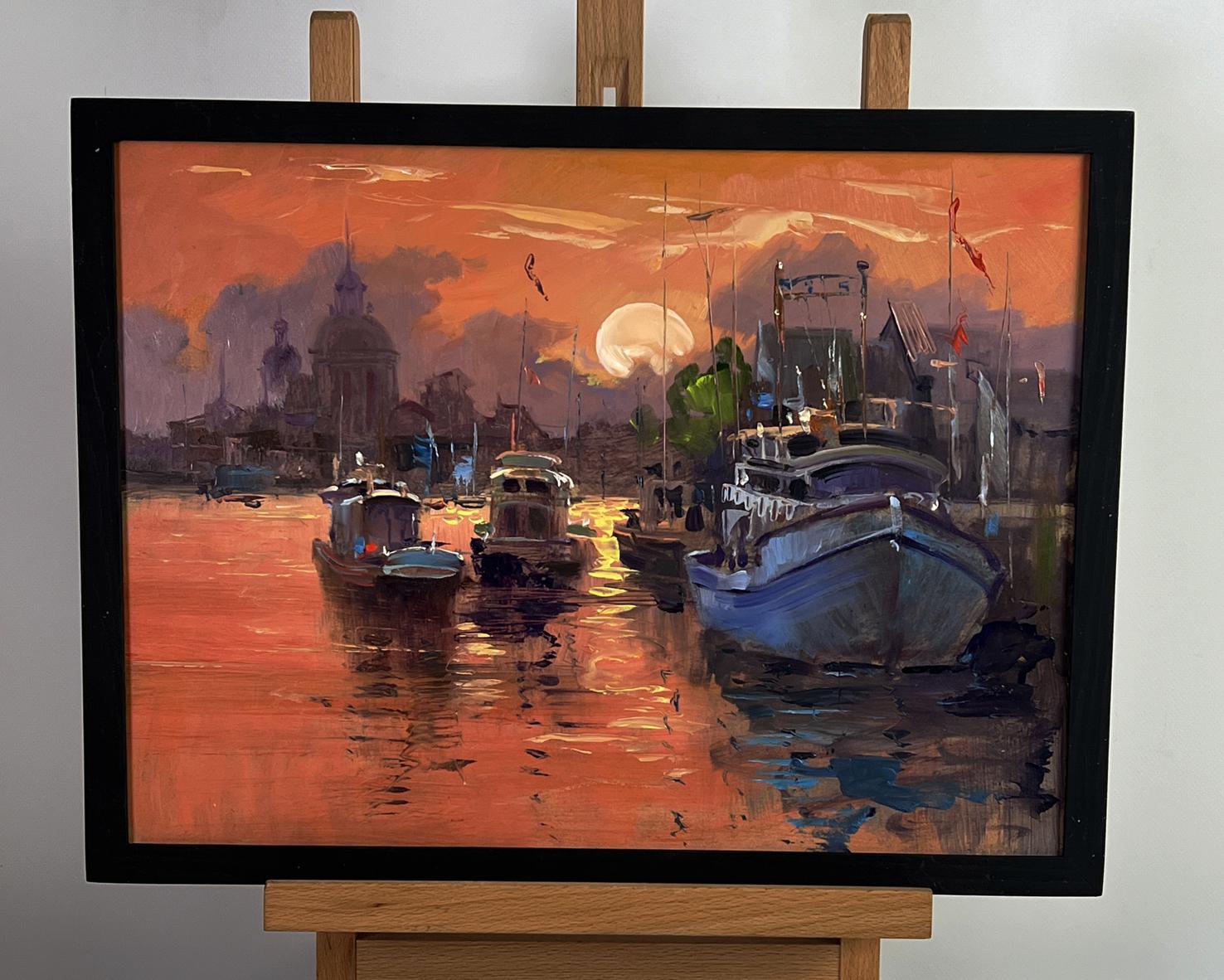 Oil painting Ferry with romantic sunset by Yuriy Suprunchuk in black frame