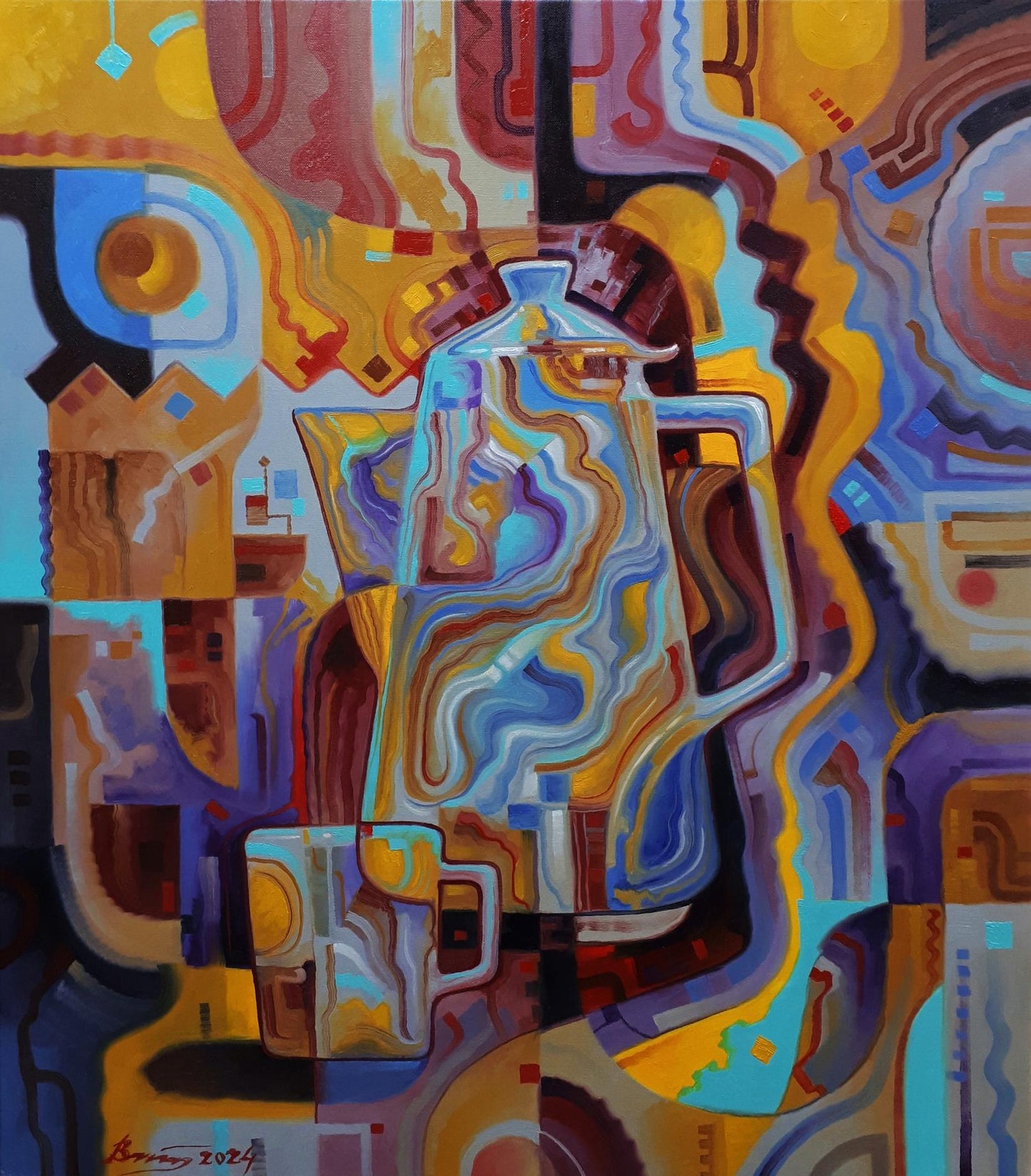 Vibrant abstract oil painting of coffee pot by Sergiy Voichenko