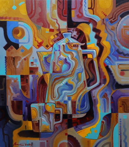 Vibrant abstract oil painting of coffee pot by Sergiy Voichenko